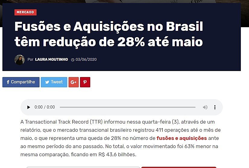 Fuses e Aquisies no Brasil tm reduo de 28% at maio